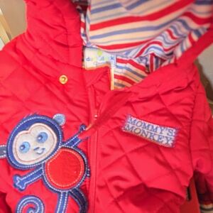 Duck Duck Goose Red Quilted with Monkey Design Suit 0-3 Months In Good Cond.